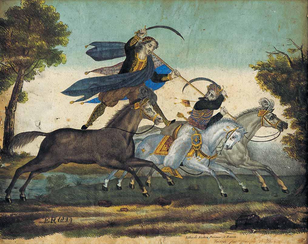 124 [Συμπλοκή Έλληνα και Τούρκου ιππέα] (Rouen, Litho. Nicétas Periaux, 1829) λιθογραφία υπογεγραμμένη με αρχικά και χρονολογημένη στην πλάκα: E. R.