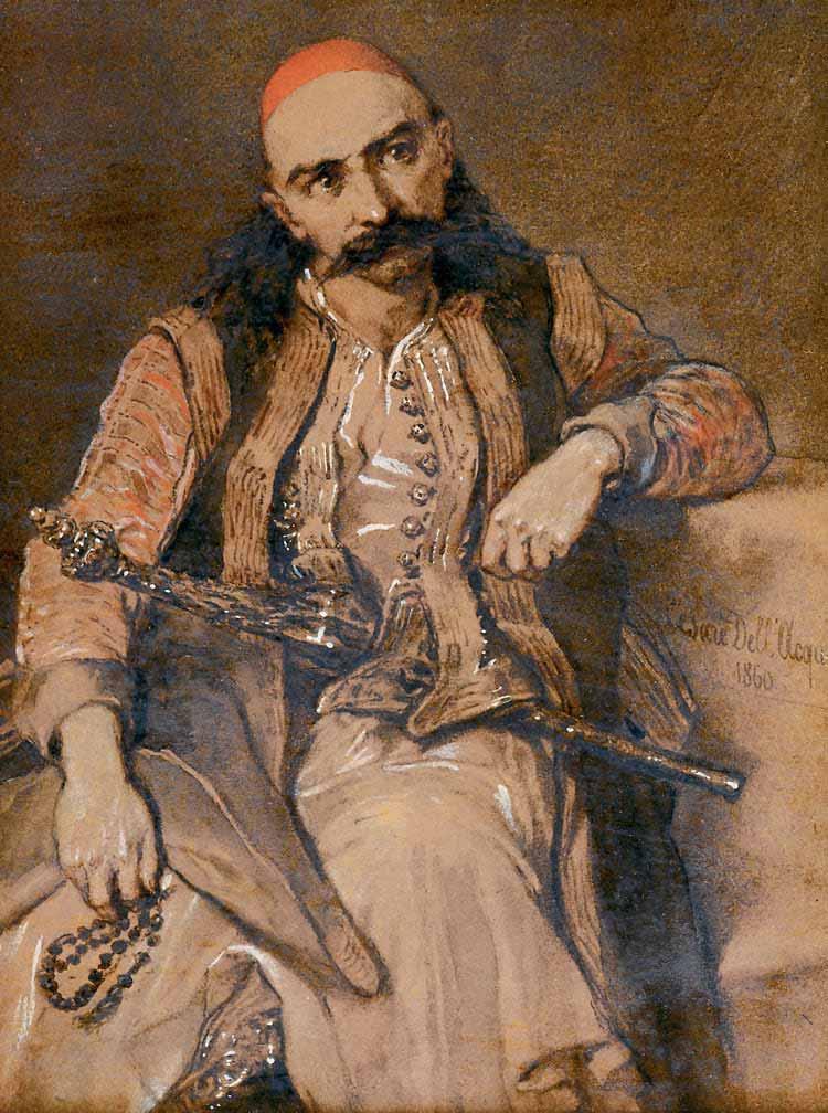 133 Cesare Félix Georges Dell Acqua (1821-1904) Πορτραίτο αγωνιστή υπογεγραμμένο και χρονολογημένο στο μέσο δεξιά: Cesare Dell Acqua / 1860 υδατογραφία και κάρβουνο σε χαρτί, 28,5 x 21,5 cm. 4.000-6.