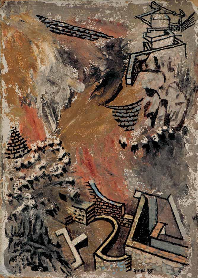 *9 Νίκος Χατζηκυριάκος Γκίκας (1906-1994) Καστανή ρεματιά υπογεγραμμένο και χρονολογημένο κάτω δεξιά: GHIKA 55 υπογραφή, χρονολογία και τίτλος στα αγγλικά στην πίσω όψη ετικέτα έκθεσης δεμένη στο