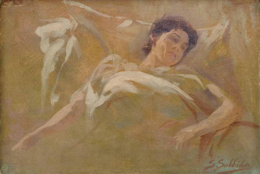 27 Συμεών Σαββίδης (1859-1927) Ξαπλωμένη γυναίκα υπογεγραμμένο κάτω δεξιά: S. Sabbides λάδι σε μουσαμά επικολλημένο σε χαρτόνι, 25 x 36 cm. 2.000-3.