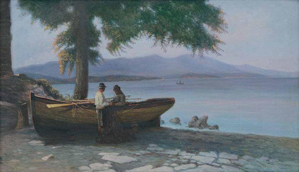29 Ιωάννης Πούλακας (π. 1864-1942) Βάρκα υπογεγραμμένο κάτω δεξιά: Ι. Πούλακας λάδι σε χαρτόνι, 32 x 55 cm.