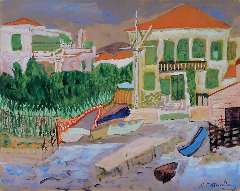 *53 Νίκος Γαβριήλ Πεντζίκης (1908-1993) Ναυτικός Όμιλος Θεσσαλονίκης [1950] υπογεγραμμένο κάτω δεξιά: Ν. Γ. Πεντζίκης ο τίτλος και η χρονολογία σε ετικέτα έκθεσης στην πίσω όψη τέμπερα σε χαρτόνι, 25 x 31 cm.