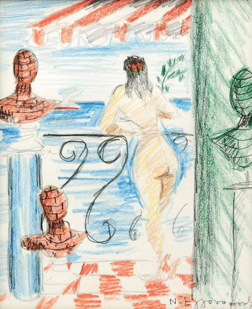 *57 Νίκος Εγγονόπουλος (1907-1985) Μεσογειακή μούσα [1958] υπογεγραμμένο κάτω δεξιά: Ν. Εγγονόπουλος κραγιόνια και μολύβι σε χαρτί, 18 x 14,5 cm. 3.000-4.