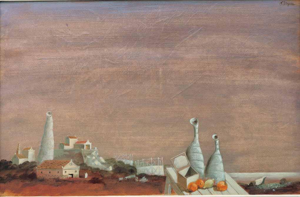 *84 Νίκος Στεφάνου (γ. 1933) Nature morte σε τοπίο [2000] υπογεγραμμένο πάνω δεξιά: Ν. Στεφάνου τέμπερα σε χαρτί επικολλημένο σε μουσαμά, 60 x 90 cm. 3.000-4.