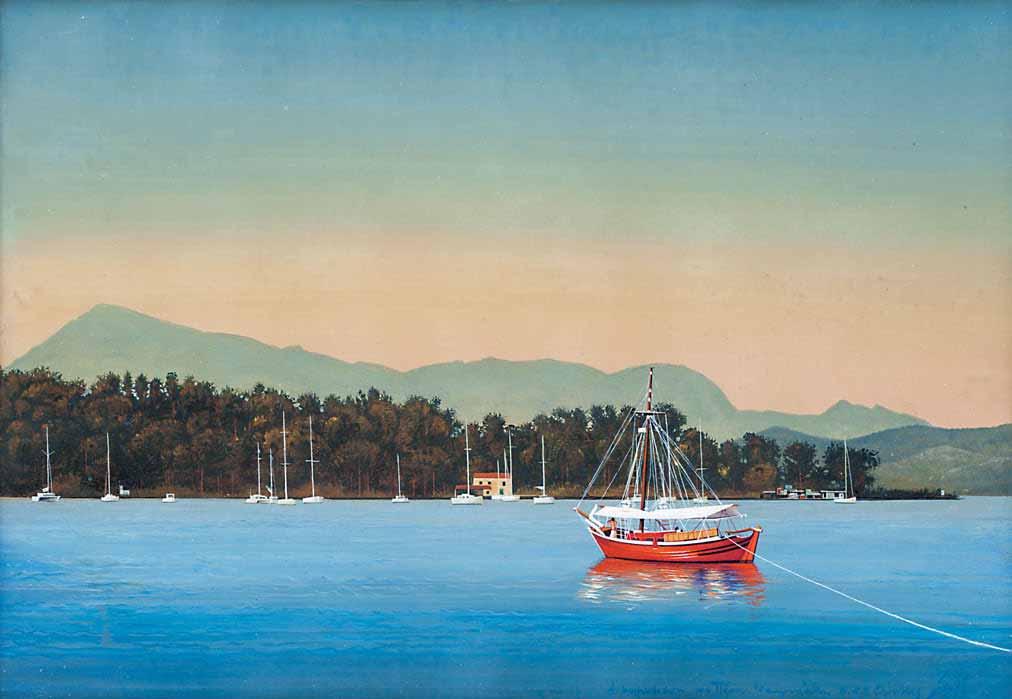 *94 Μιχάλης Μακρουλάκης (γ. 1940) Η κοιμωμένη του Πόρου τίτλος, υπογραφή, χρονολογία και τόπος κάτω δεξιά: Η κοιμωμένη του Πόρου. Μακρουλάκης 31.5.