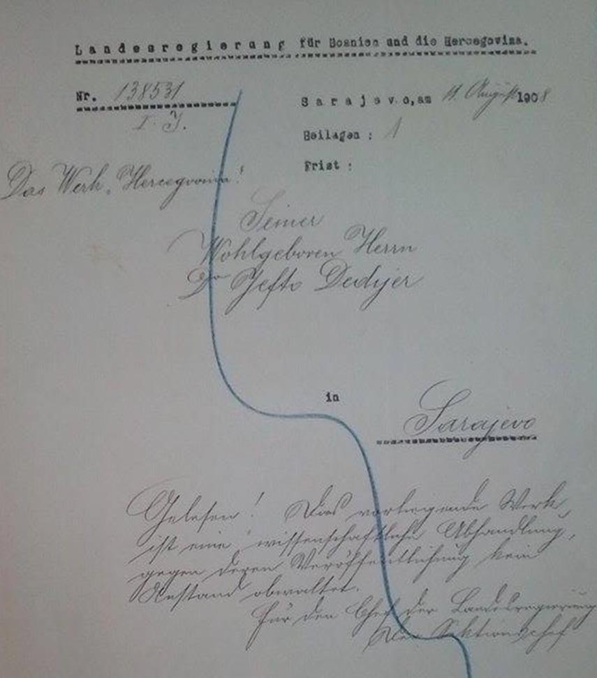 КАКО ЈЕ НАСТАЛА ДЕДИЈЕРОВА АНТРОПОГЕОГРАФСКА... Прилог 1. Одговор Земаљске владе за штампање књиге Херцеговина 4 Међутим, књига је штампана наредне 1909. године, али у едицији Насеља... у Београду.