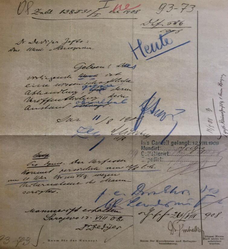 Милован Пецељ, Милица Пецељ Земаљска владе за Босну и Херцеговине Бр. 138531 Сарајево, 11 avgust 1908. И Ј Прилог 1. Рад Херцеговина Господин Др. Јевто Дедијер У Сарајеву Прочитано!
