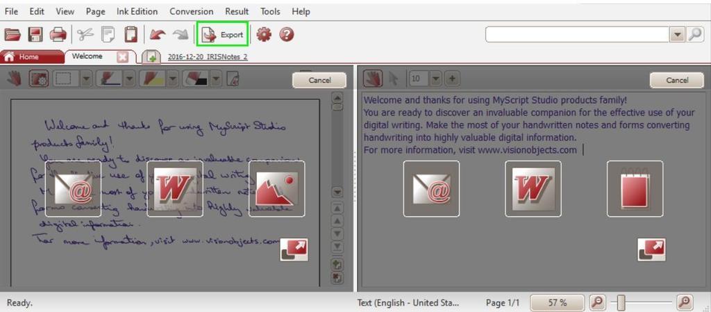 Utilizați bara de instrumente de editare (1) pentru a edita notele scrise de mână: selectați zone, ștergeți porțiuni, adăugați text nou, rotiți, adăugați spațiu etc.
