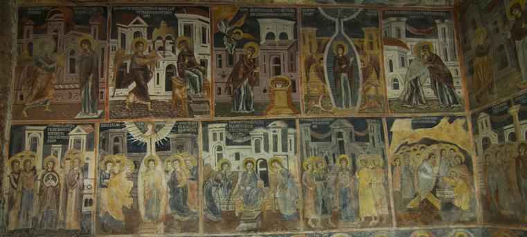 Сл.9. Полошки манастир, нартекс (1609), јужен ѕид Fig.9. Pološko monastry, narthex (1609), south wall До крајот на северниот ѕид темата со мудреците се одвива со уште две илу с трации.