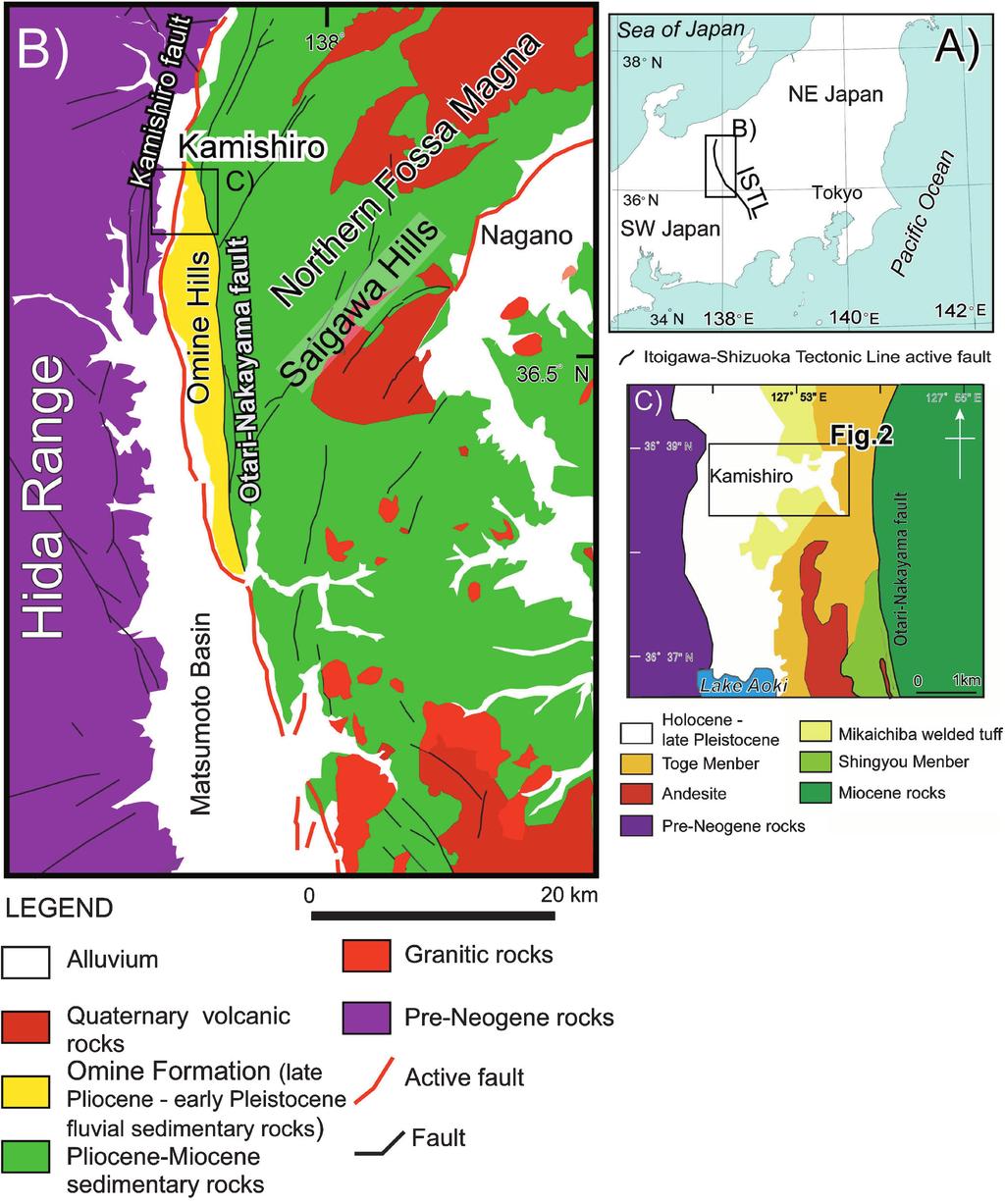 {7 [} LM ~ B ~ O Fig. +. Geologic setting of the Kamishiro area. (A) Index map, (B) Geologic map of the northern part of the ISTL active fault system after Yamada et al. (+323).