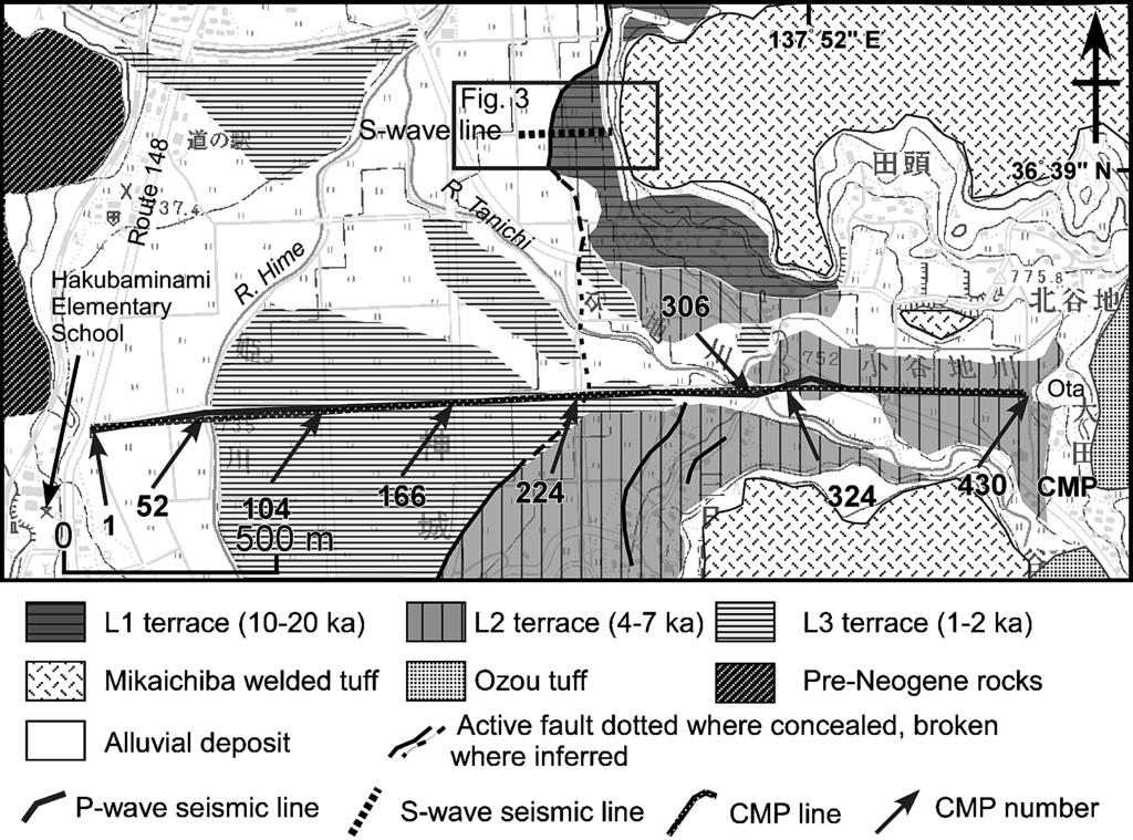 Fig.,. Location of S- and P-wave seismic lines. Base map is after Hakuba village and geologic map is after Nagahashi et al. (+332). Geomorphological map is after Matsuta et al. (,**0).