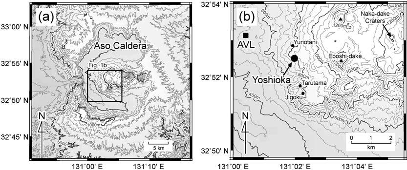 201 Fig. +. (a) Loality and topography of Aso volano in entral Kyusyu Japan. (b) Loation of the Yoshioka hot springs and neighboring geothermal areas of Yunotani Jigoku and arutama.