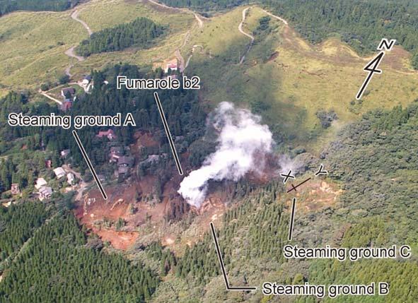 202 Fig.. Aerial photograph of the Yoshioka hot springs at Aso volano Japan taken on 2 Otober **2. he lines X and Y drawn aross the steaming ground C orrespond to lines X and Y in Fig.