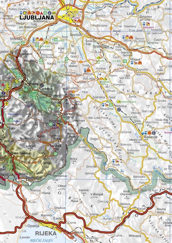 državna meja mednarodni mejni prehod glavna cesta panoramska železnica, muzejski vlak mednarodno letališče športno letališče gondolska žičnica naravna znamenitost arheološki spomenik tehniški