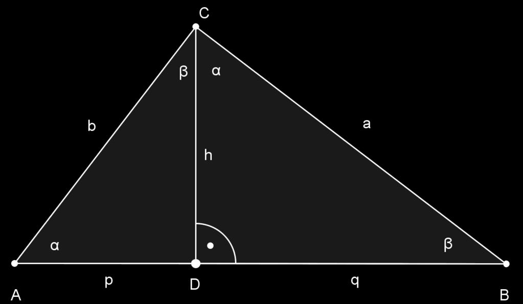 U pravoulom trouglu ABC, du z CD je visina na hipotenuzu AB.