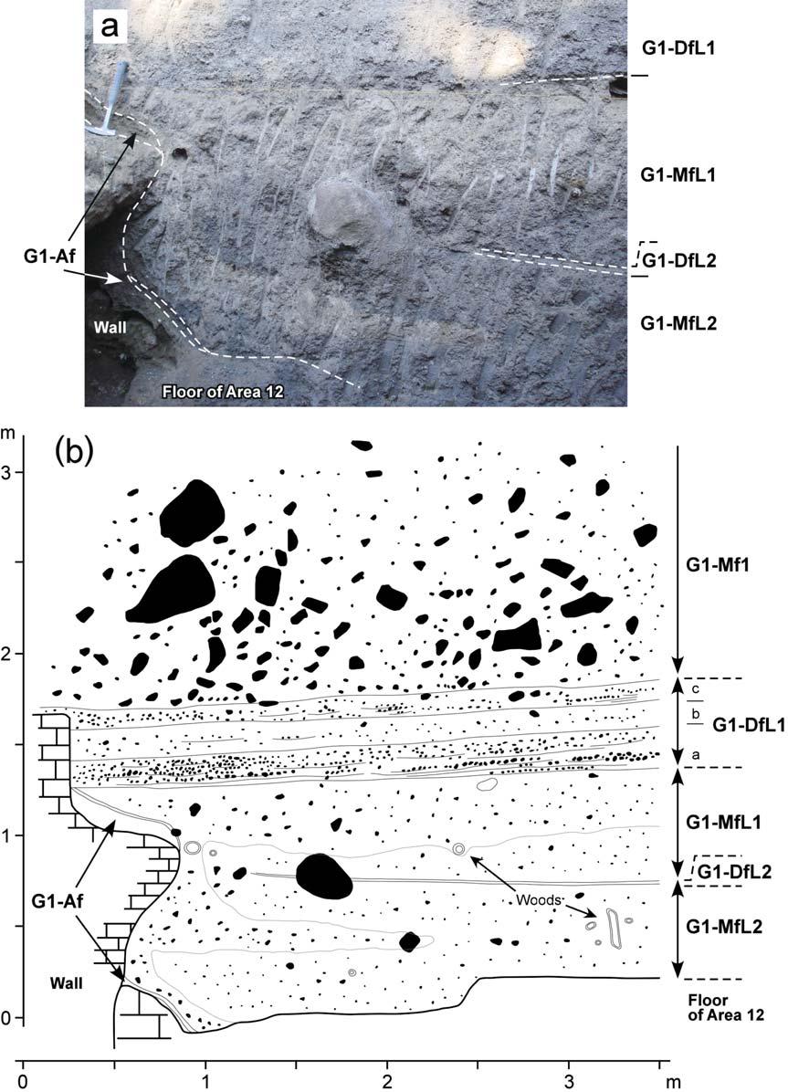 Fig. 2. (a) A photograph and (b) a sketch of fallout and laharic deposits in the western side of Area +,.