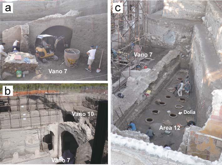Fig. -. Photographs of (a) the eastern side (Vano 1) of newly excavated in September,**0, (b) Apsis (Vano 1 and +* ), taken in September,**1, (c) Dolias in Area +,, taken in September,**2.