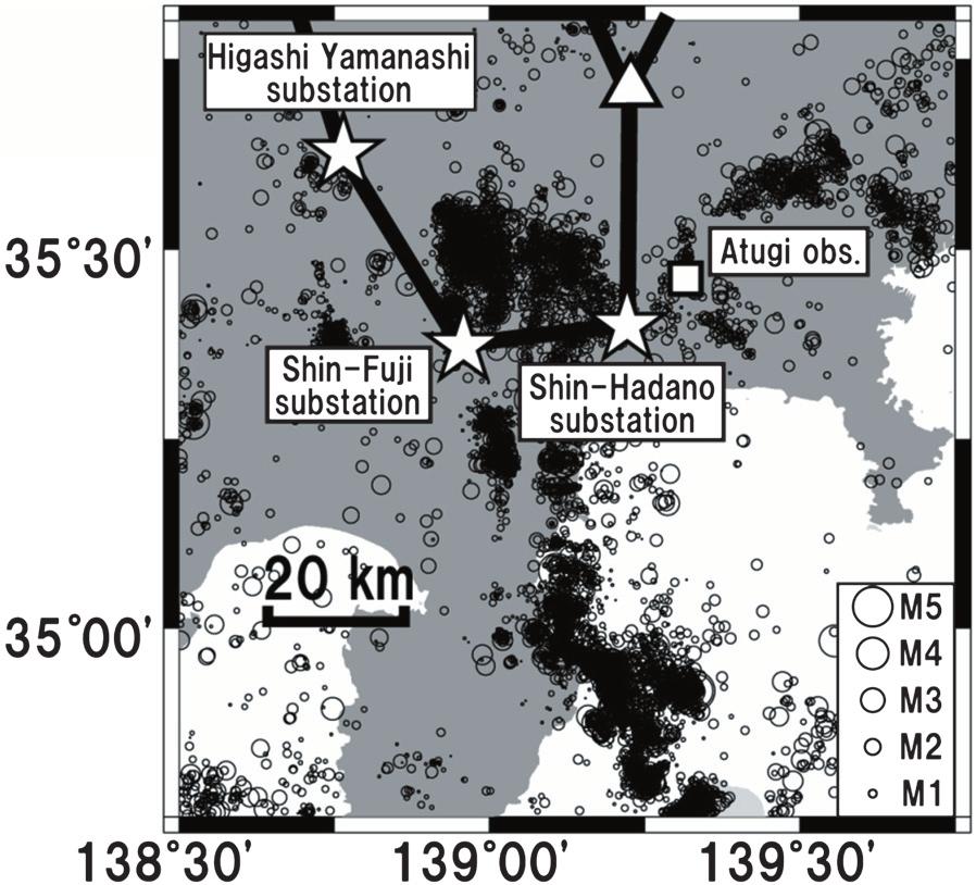 3 0** Al- len et al., +323 +33, /** kv Fig.,. The distribution map of substations, the Atsugi telluric field observation station, and hypocenters from /** kv,**, to,**1.