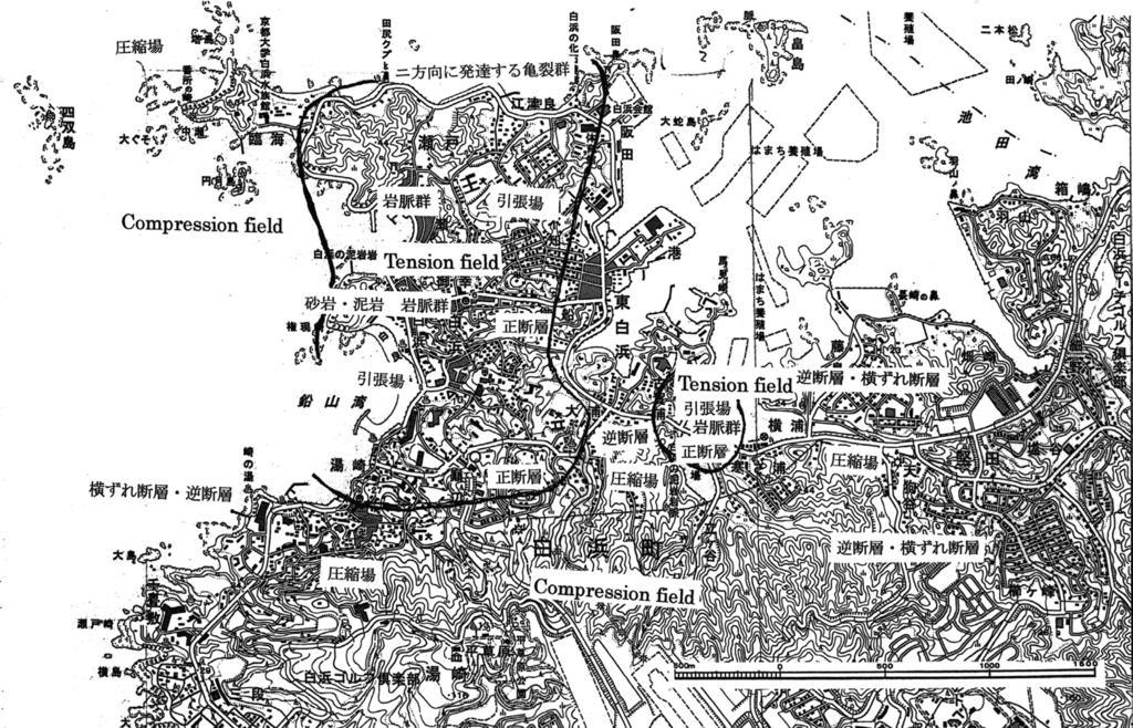 Fig. - Tensional and compressional field around Shirahama hot spring on reconsideration upon geological