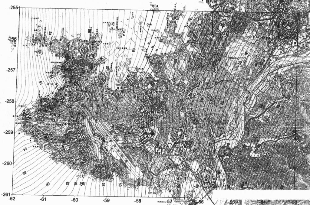 /3,**3 + Fig.. Bouguer anomaly map around Shirahama town. : measurement station. line : iso-bouguer anomaly line, each *,. mgal. X and Y figures are shown by the plane orthogonal coordinates.