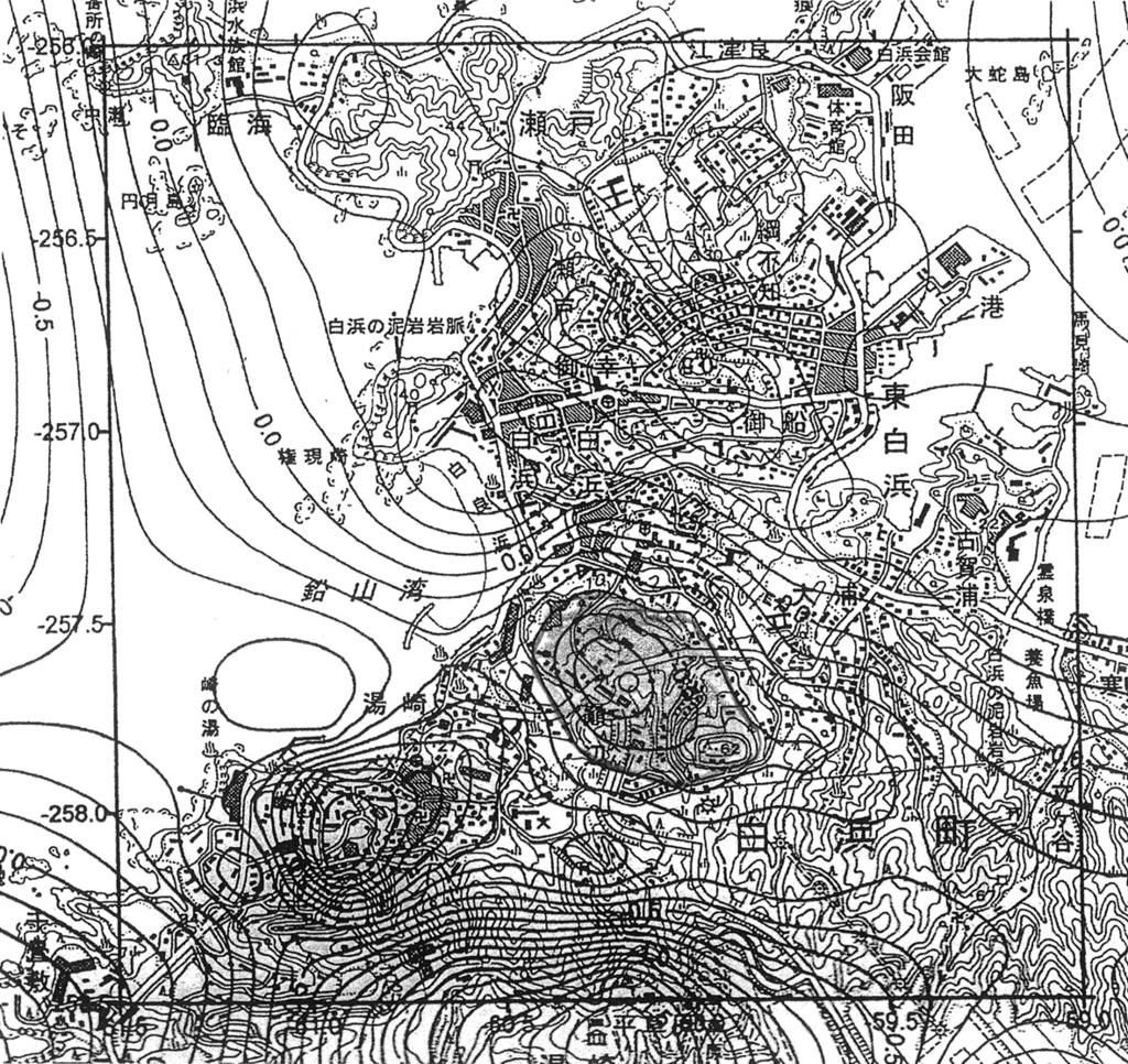 Fig. / Residual Bouguer anomaly map around Shirahama hot spring area. Line : iso-residual Bouguer anomaly line, each *.+ mgal. A low-density intrusion.is shown in mesh area.!"# $% &'(% )*+,-.