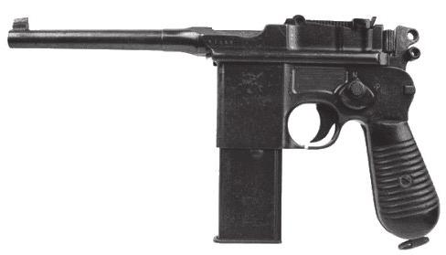 5.6. att. Vācijas ražojuma pistole Mauser C-96 model 712 ar 20 patronu magazīnu. Tādu šauteņu tipa pistolēm (5.6. att.) parasti ir garš stobrs, un mūsdienās šo konstrukciju izmanto tikai mašīnpistolēs un dažās sporta pistolēs, jo var iegūt lielāku precizitāti, šaujot kārtām.