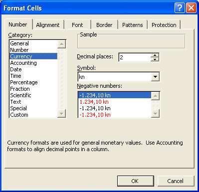 Microsoft Excel XP Ispis negativnog broja Separator tisućica (.