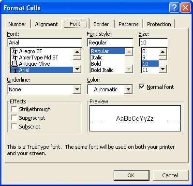 Microsoft Excel XP Odabir i oblikovanje fonta Na kartici Font dijaloškog okvira Format Cells (Oblikovanje ćelija) vrši se