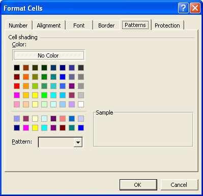 Microsoft Excel XP Odabir boje pozadine ćelije/bloka ćelija/tablice Boja i izgled pozadine neke tablic/bloka ćelija/ćelije odabiru se na kartici Patterns (Uzorci) dijaloškog okvira Format Cells