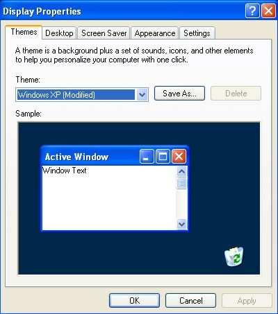Windows XP Svojstva Desktopa mogu se mijenjati ovisno o odabranoj kartici (Themes, Desktop, Screen Saver, Appearance, Settings) dobivenog dijaloškog okvira Display Properties (Prikaz Svojstva): Teme