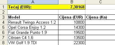 Microsoft Excel XP Rješenje: 1. Učitati datoteku apsolutne_adrese.xls koja se nalazi u mapi C:\\Vježbe\Informatika\Excel 2. u ćeliji C4 upisati: =B4*$B$1 3.