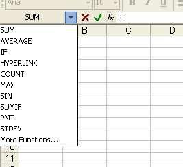 Microsoft Excel XP Klikom se otvara padajući izbornik s kojeg se bira željena funkcija Otvara dijaloški okvir Insert Function Povezivanje argumenata unutar formule vrši se znakovima +,, *, / i ^.