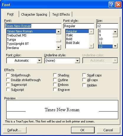 Microsoft Word XP Vrsta pisma (Font) Oblik slova Veličina Podcrtavanje Boja slova Specijalni efekti Izgled teksta s odabranim parametrima Specijalni efekti: Strikethrough, Double Strikethrough,