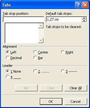 Microsoft Word XP Dugme za odabir tabulatora nalazi se lijevo od horizontalnog ravnala (gornji lijevi kut prozora).