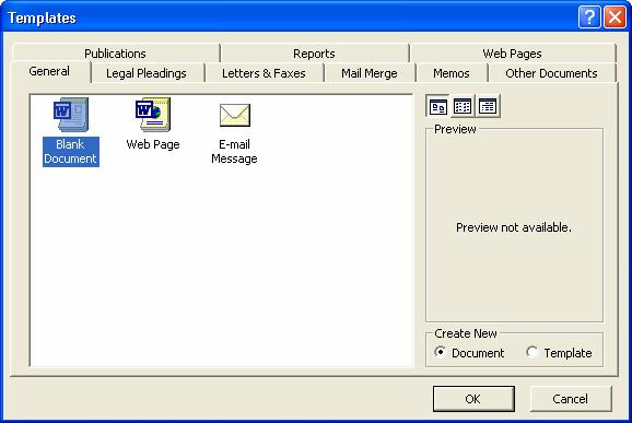 Microsoft Word XP RAD S DOKUMENTIMA Otvaranje novog dokumenta (New) Novi dokument je dokument koji ne sadrži nikakve podatke (prazan papir), ili je riječ o predlošku u koji treba unijeti podatke.