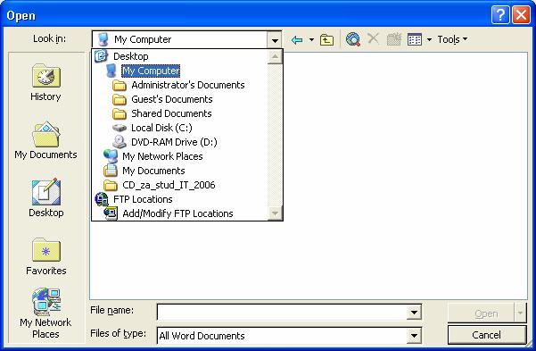 Microsoft Word XP Otvaranje postojećeg dokumenta (Open) Postojeći, ranije kreirani dokument otvara se: klikom na File/Open (Datoteka/Otvori) na traci izbornika klikom na dugme trake s alatima.