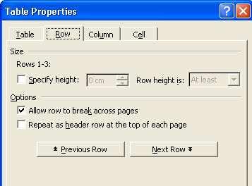 Microsoft Word XP Ponavljanje retka kao zaglavlja tabele na novoj stranici, ili mogućnost da se dio retka prebaci na novu stranicu odabire se u dijelu Options (Odrednice) kartice Row (Redak).