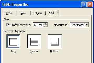 Poravnanje sadržaja označene ćelije po visini vrši se odabirom željenog poravnanja u dijelu Vertical alignment (Okomito poravnanje)na kartici Cell (Ćelija) dijaloškog okvira Table Properties