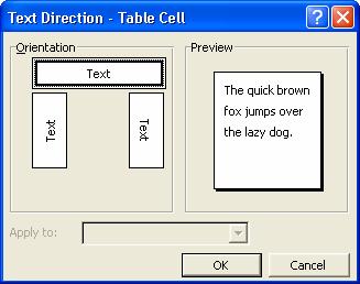 Microsoft Word XP odabirom dugmeta za mijenjanje smjera teksta na alatnoj traci Tables and Borders (Tablice i obrubi), pri čemu se ne pojavljuje gornji dijaloški okvir nego se svakim klikom na dugme