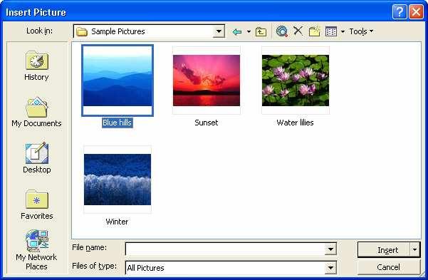 Microsoft Word XP UNOS SLIKE U DOKUMENT Slika koja se želi unijeti u dokument mora biti već pripremljena (izrañena) i pohranjena na disku ili u privremenom spremniku (Clipboard).