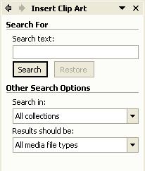 Microsoft Word XP U polje Search text: upisuje se riječ ili izraz koji opisuje željenu sliku. Klikom na dugme Search u oknu zadatka prikazat će se svi traženi podaci.