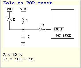 Sl.1.14 Spoljasnje kolo za reset Interno POR kolo nece generisati Reset signal kad napon napajanja padne ispod minimuma.