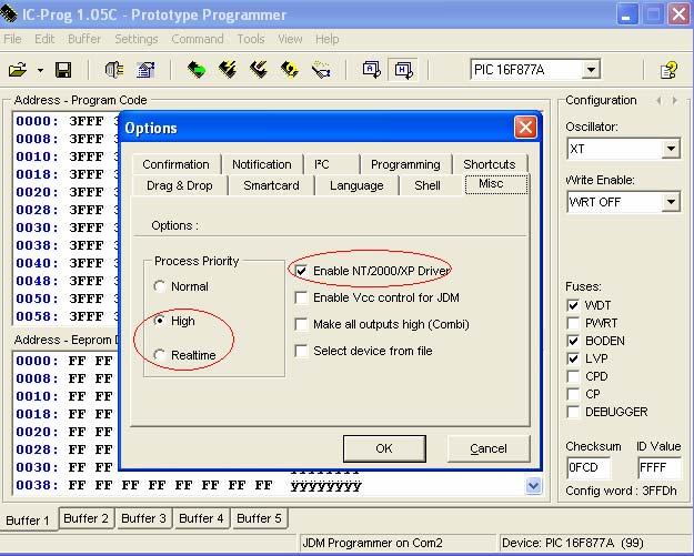 Ulaskom u podmeni Misc, koji se nalazi u meniju Options, ostvaruje se instaliranje/ukljucivanje drajvera icprog.sys (Settings Options Misc: Enable 2000/NT/XP), sto je ilustrovano na Sl. 1.62.