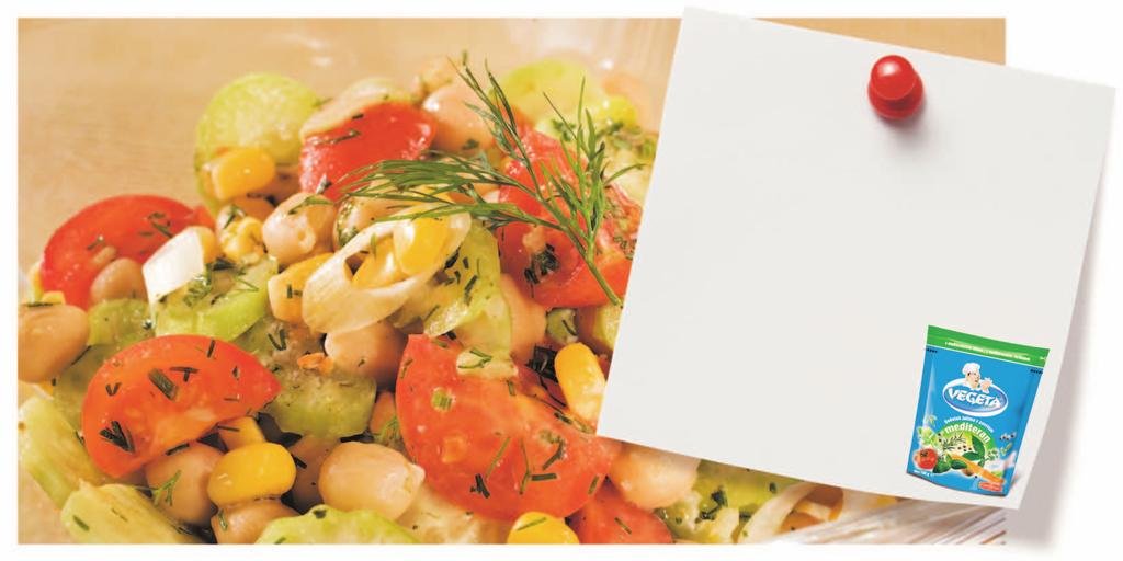 2. Salata sa slanutkom za 4 osobe 250 g kuhanog ili konzerviranog slanutka, 300 g malih rajëica, 200 g svjeæih krastavaca, 80 g celerovih peteljka, 100 g kukuruza πeêerca, 4 mlada luka, 1 vezica