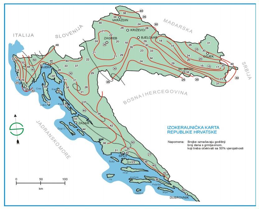 . VRSTE UZEMLJENJA Munje ne udaraju jednakom gustoćom u svako doba godine, a i na prostoru Republike Hrvatske se vide razlike po broju udara munja. Izokeraunika, tj.