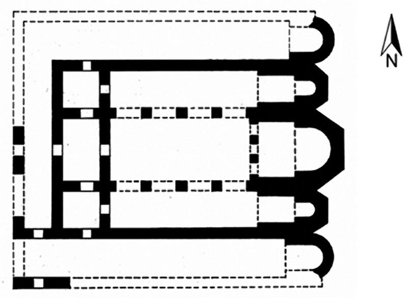 16 Цр ква у Ћур ли на ма, основа према Hoddinott у (преузето: Hoddinott 1963: fig. 104) травеј и апсидални део, одвојен помоћу два ступца. Валтровић и Каниц спомињу и постојање субселијума.