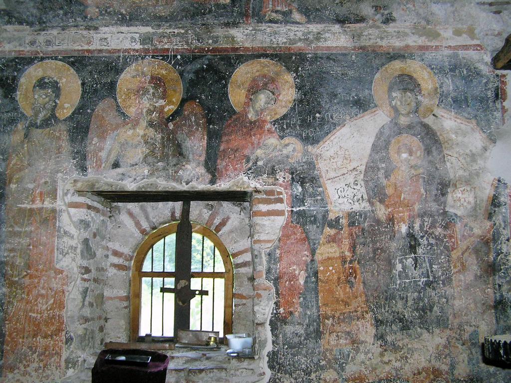 Ni{ i Vizantija XVI 307 Сл. 2. Богородица са Христом, Ана Галактотрофуса и крилати Јован Претеча Кефалофорос, Црква Богородице Захумске у Зауму, северни зид наоса, (1361) Fig.