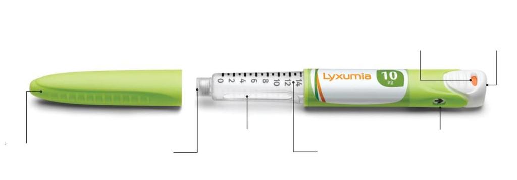 Par Jūsu Lyxumia pildspalvveida pilnšļircēm Zaļā, 10 mikrogramus Lyxumia saturošā pilnšļirce Aktivizācijas logs Injekcijas poga Šļirces vāciņš Gumijas blīvējums Kārtridžs Devu skala Bultiņas logs