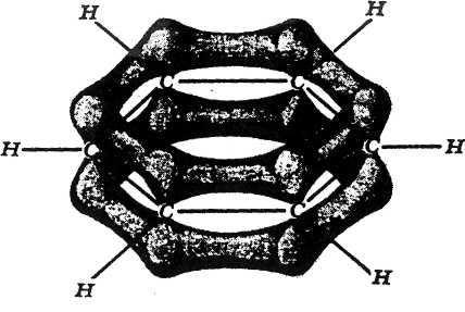 Model benzenovog prstena delokalizovanim p-orbitalama koje stoje normalno na ravan u kojoj se nalaze C i H-atomi (sigma-veze su prikazane punim
