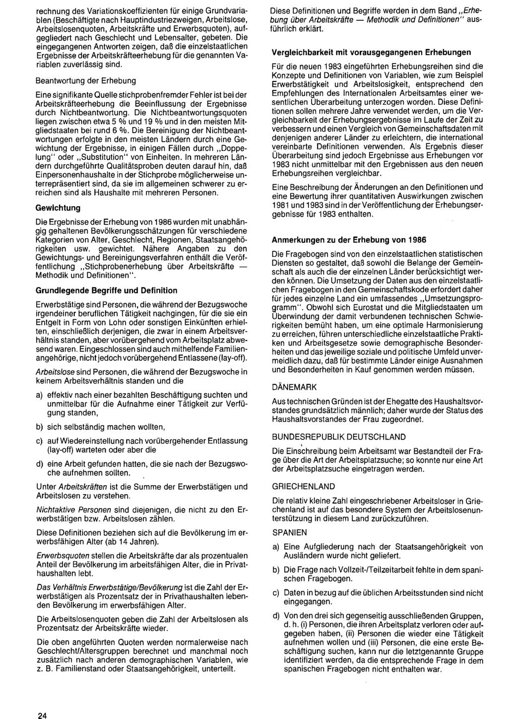 24 rechnung des Variationskoeffizienten für einige Grundvariablen (Beschäftigte nach Hauptindustriezweigen, Arbeltslose, Arbeitslosenquoten, Arbeitskräfte und Erwerbsquoten), aufgegliedert nach
